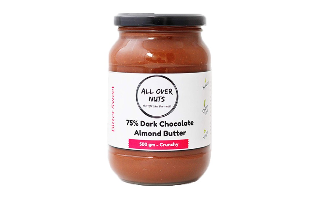 All Over Nuts 75% Dark Chocolate Almond Butter Crunchy   Glass Jar  500 grams